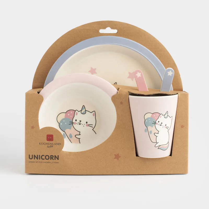 Ыдыс-аяқ жинағы, балаларға арналған, 5 зат, бамбук, қызғылт, Қанаттары бар бір мүйізді, Unicorn, image-8