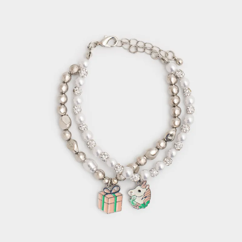 Набор браслетов, 16 см, 2 шт, детский, металл/пластик, серебристый, Бусины, Pearl