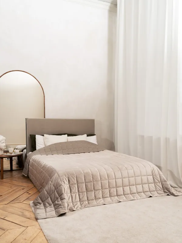 Покрывало, 220х240 см, стеганое, вельвет/микрофибра, серо-коричневое, Квадраты, Stitch velvet, image-5