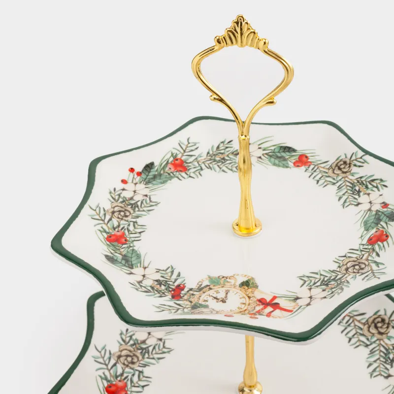 Подставка для пирожных, 25х20/24 см, 2 яруса, керамика D/металл, Венок и часы, Christmas green, image-2