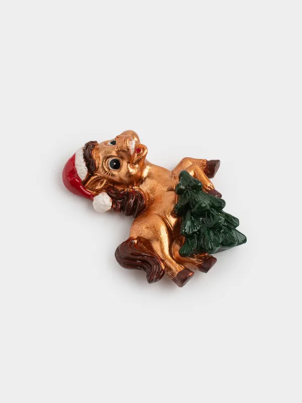 Магнит, 8 см, полирезин, сүт түстес және қоңыр, Шыршасы бар жылқы, Horse christmas, image-2