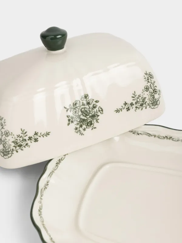 Масленка, 20 см, фарфор P, прямоугольная, молочная, Зеленые цветы, Green lace, image-4
