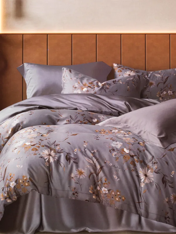 КПБ евро, тенсель 300 ТС, серый, Цветы и листья, Tencel, image-0