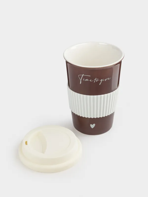 Стакан, 15 см, 430 мл, с крышкой и зарфом, фарфор N/силикон, коричнево-молочный, Magic moments, image-2