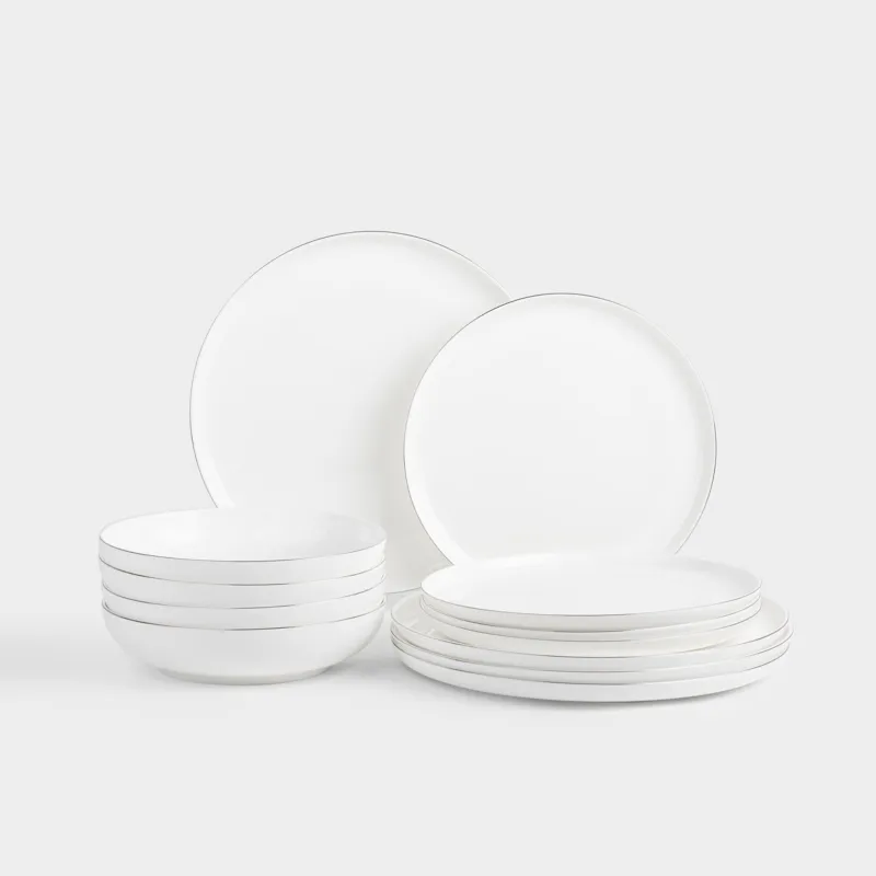 Ас сервизі, 4 адам, 12 зат, фарфор F, ақ, күміс жиегі бар, Ideal silver