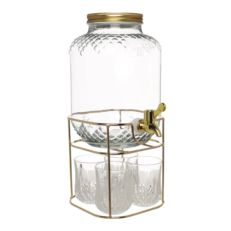 Сусын жинағы, 4 тұлға, 5 зат, стенд диспенсері, алтын, шыны/металл, Regale, image-0