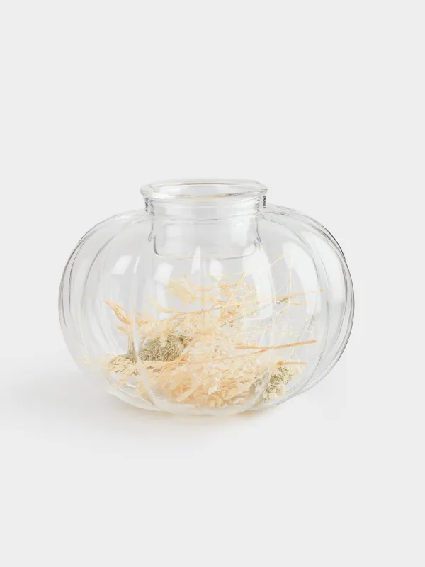 Шам ұстағыш, 13х9 см, шай шамына арналған, шыны Б, кептірілген гүлдері мен жапырақтары бар, Асқабақ, Decor candle, image-1