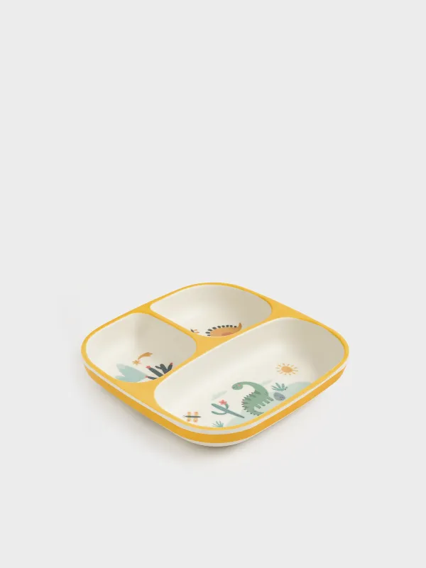 Түскі ас тәрелкесі, балаларға арналған, 18 см, 3 бөлім, бамбук, шаршы, сары, динозаврлар, Dino, image-5