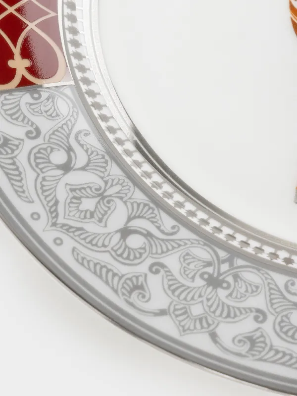 Тіскебасар тәрелкесі, 21 см, фарфор F, ақ және қою қызыл, күміс жиектері бар, Жылқы, Breton horse, image-4