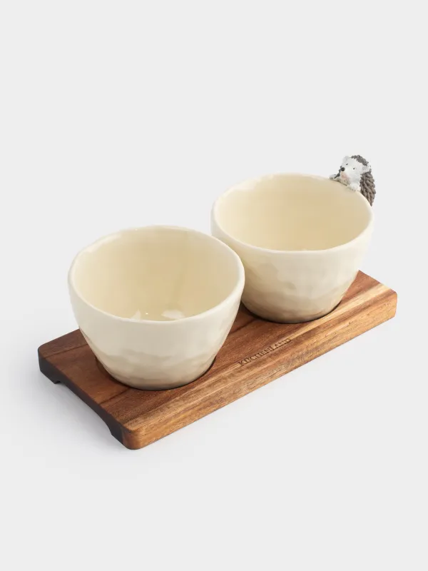 Набор для закусок, 2 пр, на подставке, фарфор P/дерево, молочный, Еж, Noble tree, image-0