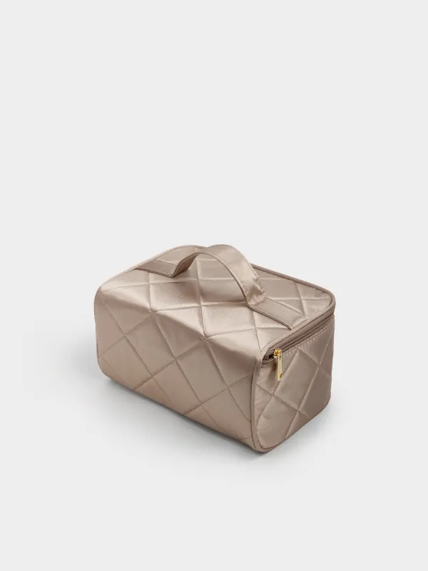 Косметикалық сөмке, 23х13 см, сырылған, сабы бар, сәтен, сарғылт-қоңыр, Quilted silk, image-4