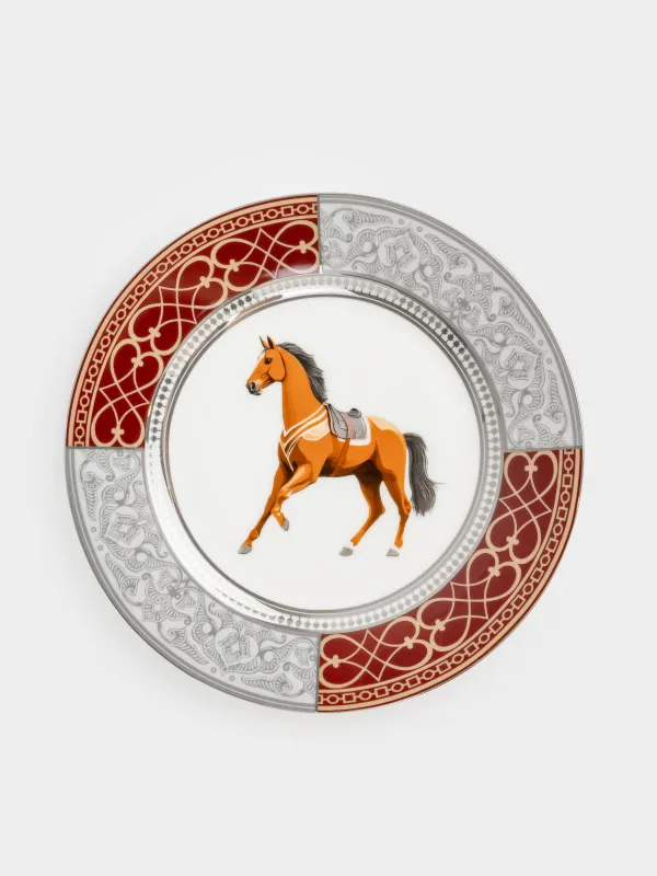 Тіскебасар тәрелкесі, 21 см, фарфор F, ақ және қою қызыл, күміс жиектері бар, Жылқы, Breton horse, image-0