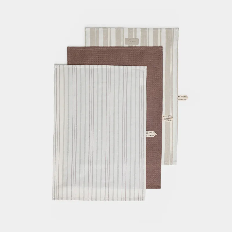 Асүйлік сүлгі, 40х60 см, 3 дана, мақта, сарғылт-қоңыр/қоңыр, Жолақтар, Stripes kitchen