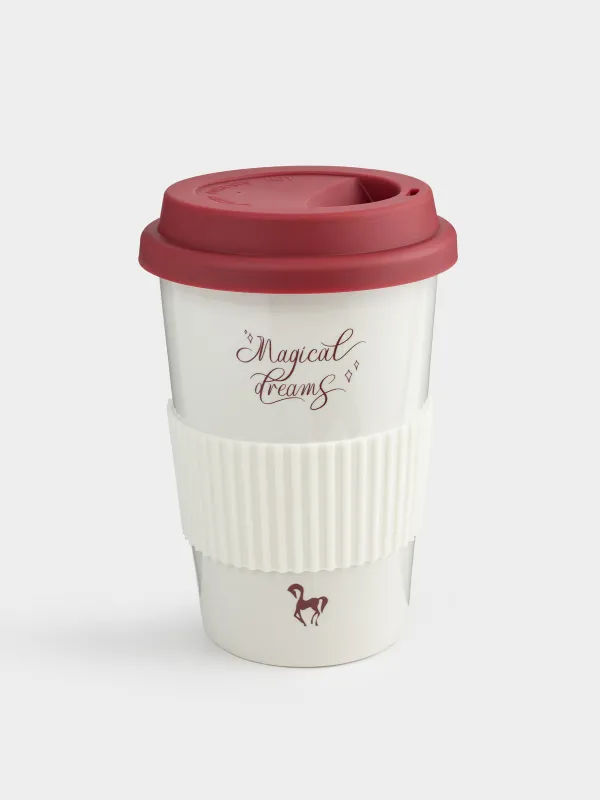 Стакан, 15 см, 430 мл, с крышкой и зарфом, фарфор N/силикон, молочно-бордовый, Magic moments, image-0