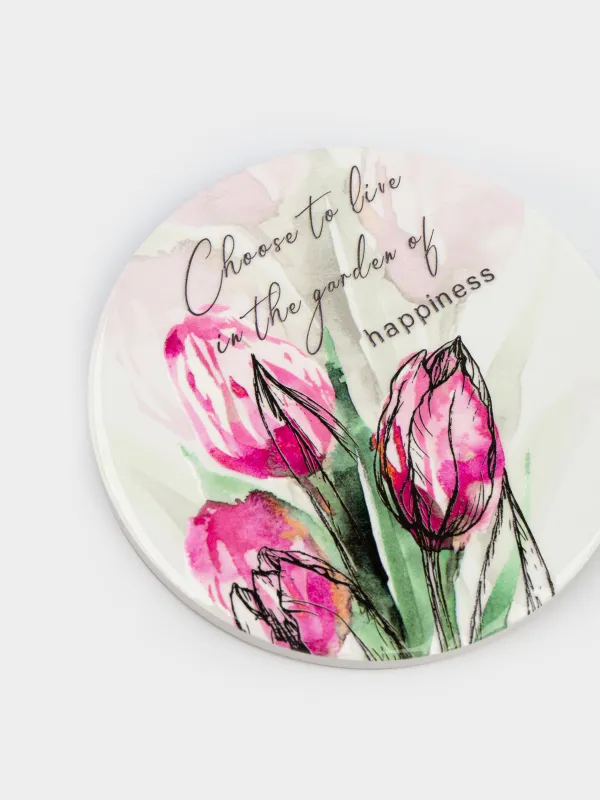 Подставка под кружку, 11 см, круглая, керамика/пробка, Happiness, Тюльпаны, Tulip garden, image-2
