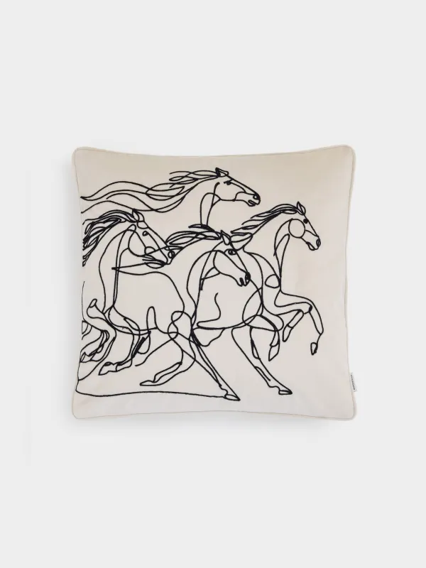 Сәндік жастық, 45х45 см, барқыт, сүтті қара, Жылқылар, Velvet, image-0