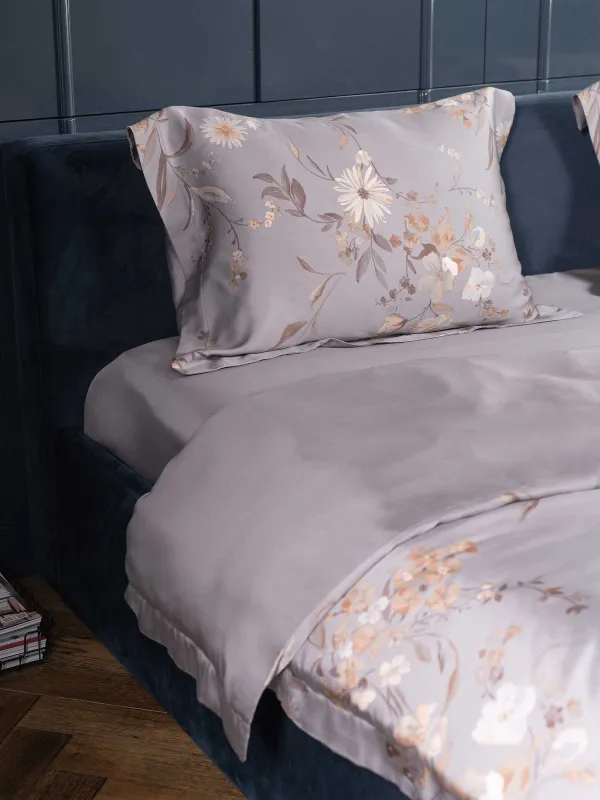 КПБ евро, тенсель 300 ТС, серый, Цветы и листья, Tencel, image-2