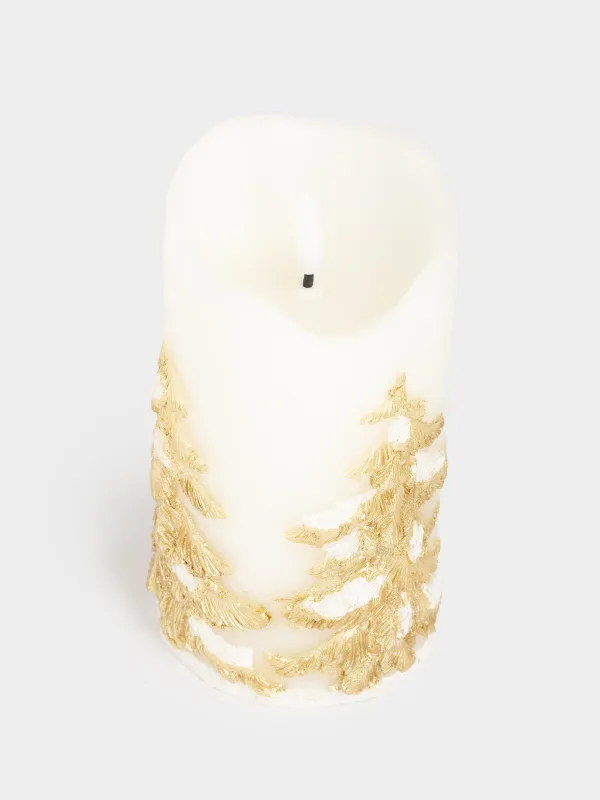 Электрлі Шам, 15 см, парафин/пластик, сүт және алтын түстес, Қар басқан шыршалар, Flameless, image-1