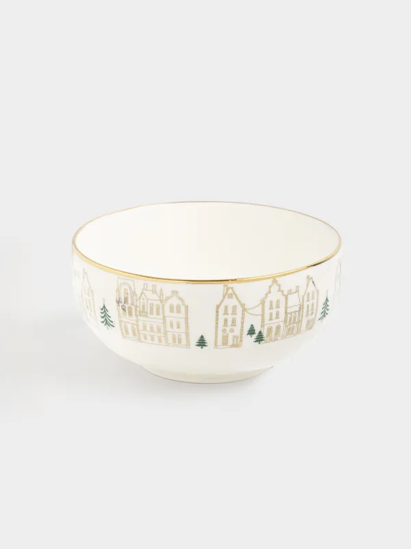 Пиала, 14x7 см, фарфор N, молочно-золотистая, Домики и лошадь, Snow sparks, image-1