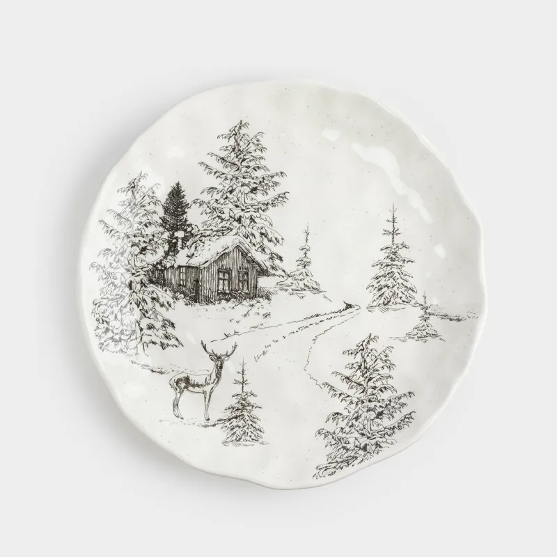 Тарелка обеденная, 28 см, керамика D, белая, Олень у дома в лесу, Crumple print
