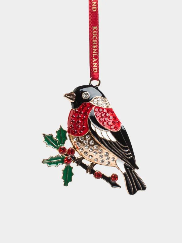 Игрушка елочная, 8 см, металл/стразы, зелено-красная, Снегирь на ветке, Figure christmas, image-0