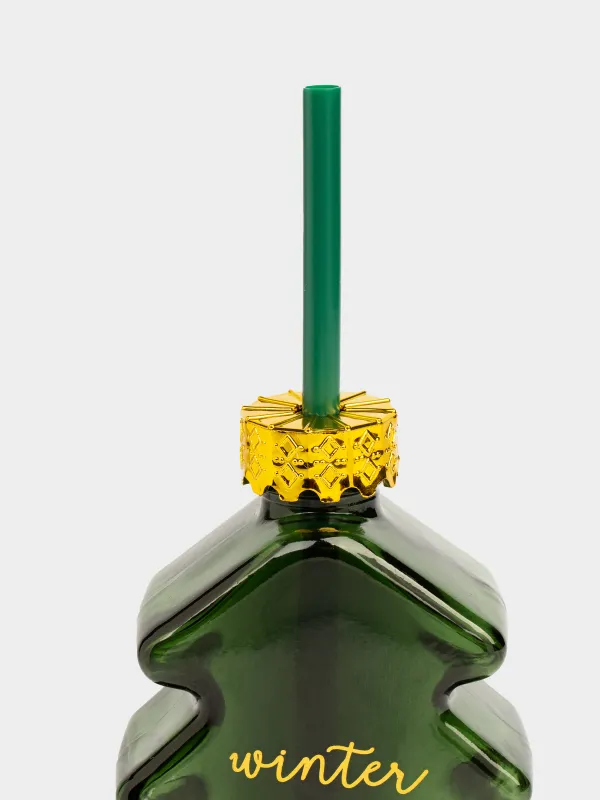 Банка для напитков, 280 мл, с крышкой и трубочкой, стекло, зеленая, Ель, Christmas drink, image-1