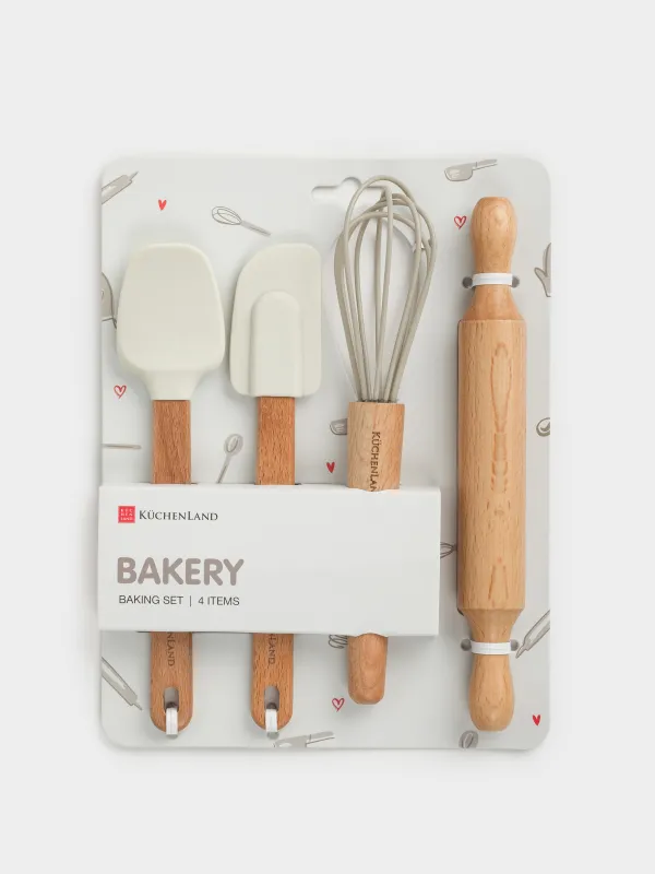 Пісіруге арналған жиынтық, 4 зат, қасық/қалақша/бұлғауыш/оқтау, силикон/ағаш, Bakery, image-3