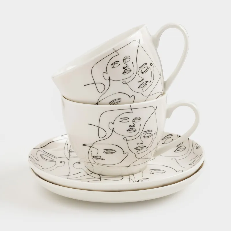 Пара чайная, 2 перс, 4 пр, 220 мл, фарфор N, молочная, Абстрактные лица, Face, image-0