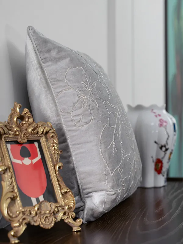 Подушка декоративная, 50х50 см, вельвет/бисер, серая, Цветы, Print, image-5