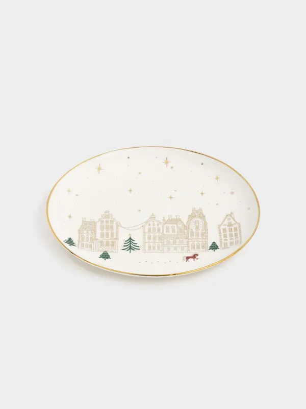 Түскі ас тәрелкесі, 27 см, фарфор N, сүт және алтын түстес, Үйлер мен жылқы, Snow sparks, image-1