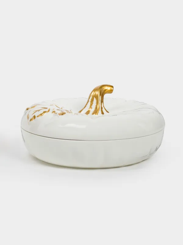 Пісіруге арналған ыдыс, 26 см, қақпағы бар, керамика, сүт-алтын түстес, Жапырағы бар асқабақ, Pumpkin, image-0