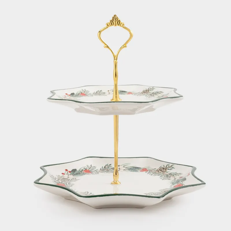 Подставка для пирожных, 25х20/24 см, 2 яруса, керамика D/металл, Венок и часы, Christmas green, image-0