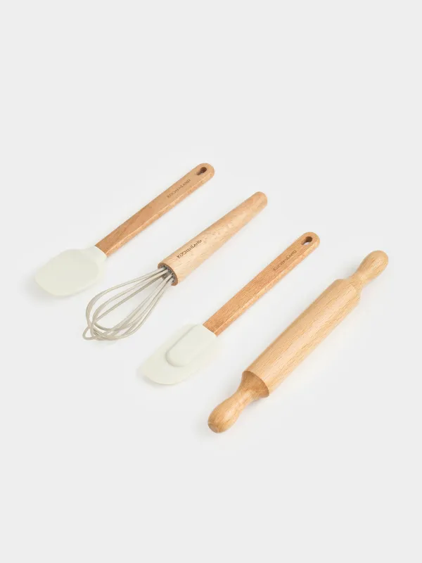 Пісіруге арналған жиынтық, 4 зат, қасық/қалақша/бұлғауыш/оқтау, силикон/ағаш, Bakery, image-1