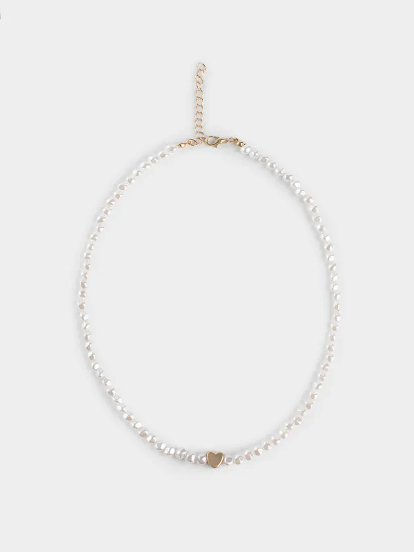 Чокер, 50 см, пластик, бело-золотистый, Сердце, Pearl heart, image-0