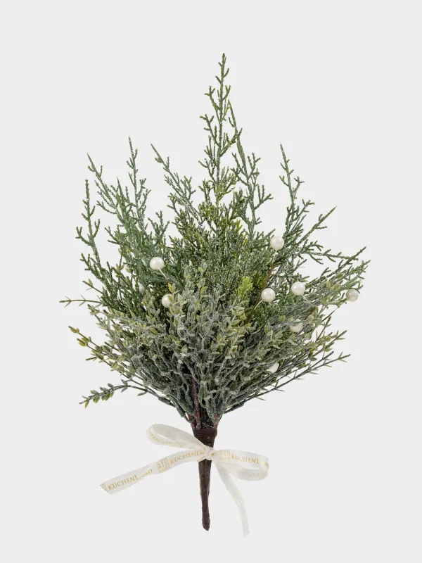 Букет декоративный, 40 см, Хвоя с белым жемчугом, Conifer pearl decor, image-0