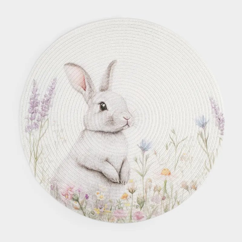 Аспаптарға арналған майлық, 38 см, полиэстер, дөңгелек, ақ, Гүлдер арасындағы қоян, Rotary print