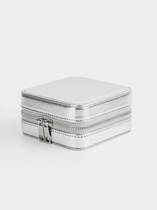 Шкатулка для украшений, 11х11 см, с зеркалом, искусственная кожа/МДФ, серебристая, Premiere small, image-0