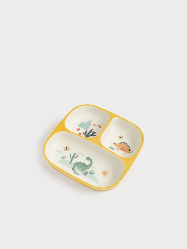 Түскі ас тәрелкесі, балаларға арналған, 18 см, 3 бөлім, бамбук, шаршы, сары, динозаврлар, Dino, image-3