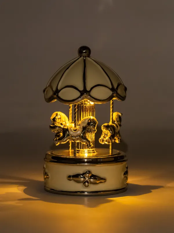Мүсінше, музыкалық, 16 см, жарықтандырылған, керамика, ақ және алтын түстес, Карусель, Golden style, image-4