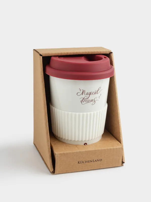 Стакан, 15 см, 430 мл, с крышкой и зарфом, фарфор N/силикон, молочно-бордовый, Magic moments, image-5