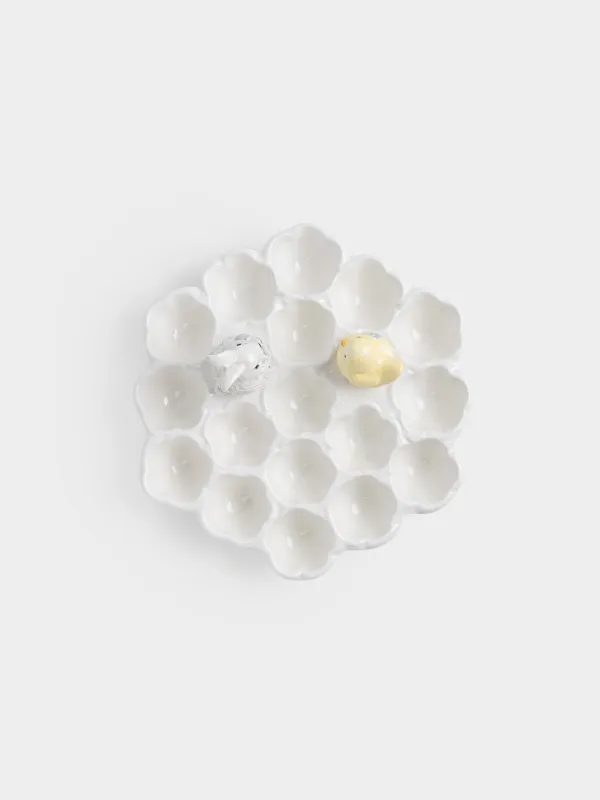 Пасха ыдысы, 27x12 см, 17 бөлім, керамика, сүт түстес, Гүлдер арасындағы қоян мен балапан, Easter, image-4