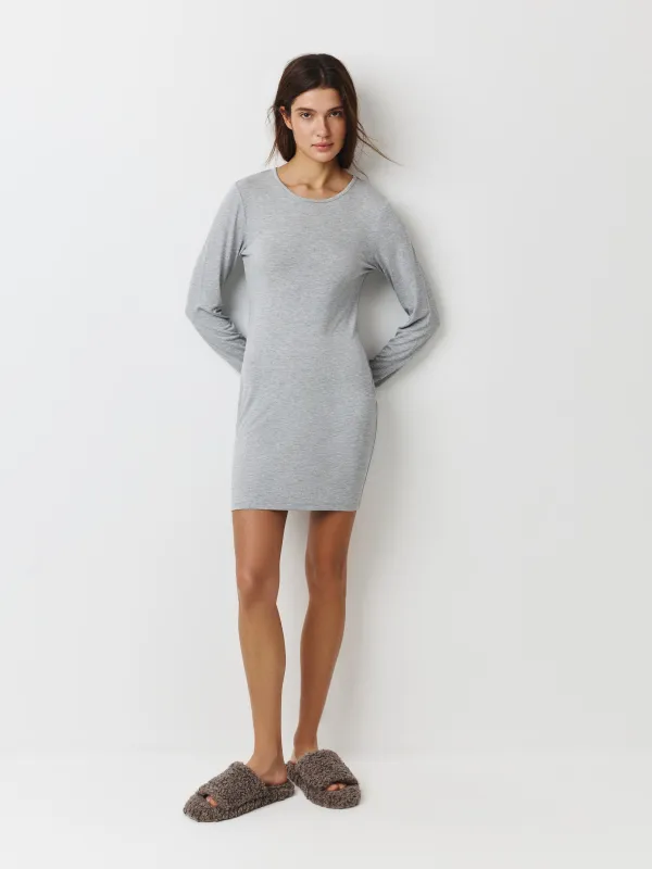 Платье женское, домашнее, мини, р. S, с длинным рукавом, вискоза/спандекс, серый меланж, Aidila, image-0