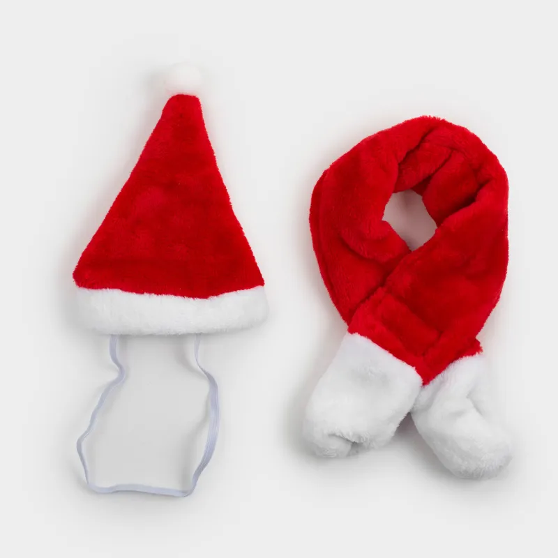 Жануарларға арналған карнавал жиынтығы, 2 зат, шарф/қалпақ, полиэстер, қызыл, Санта, Christmas pet, image-0