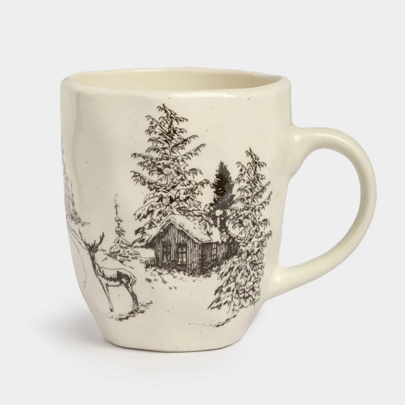 Кружка, 320 мл, керамика, белая, Олень у дома в лесу, Crumple print