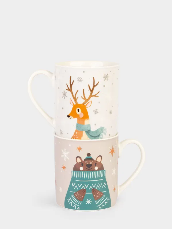 Кружка, 300 мл, 2 шт, фарфор N, молочная/бежевая, Олень/Медведь, Friend forest, image-2