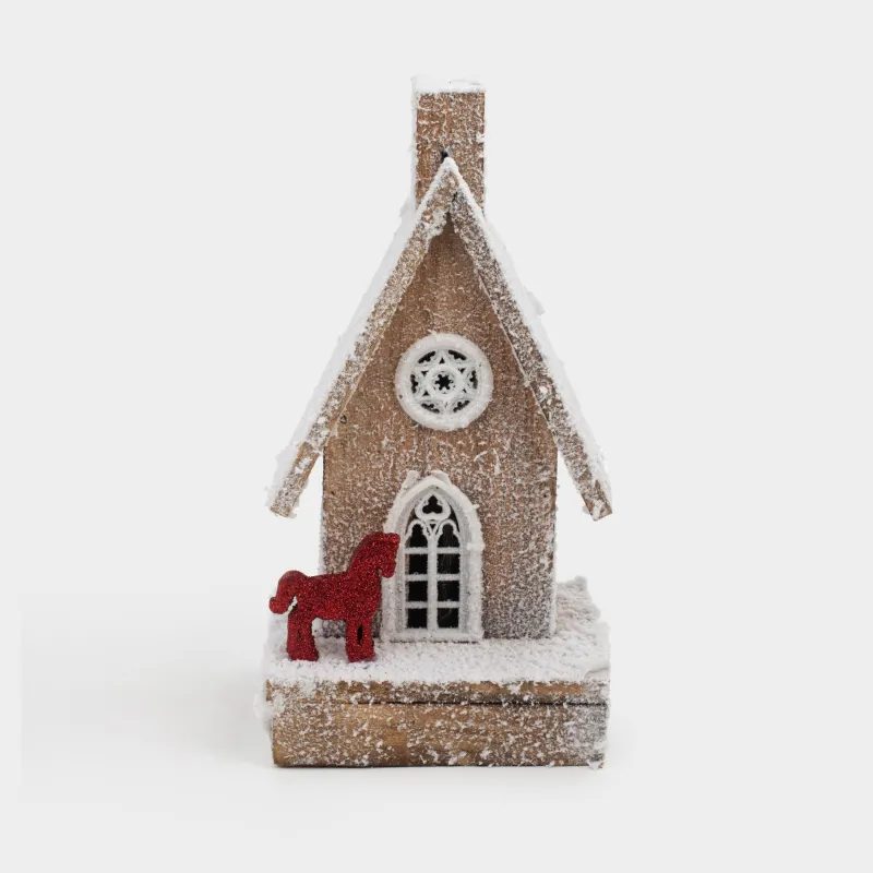 Статуэтка с подсветкой, 14х26 см, дерево, Заснеженный домик с лошадкой, Touch winter