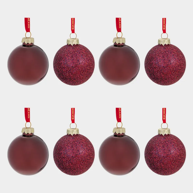 Шырша ойыншықтарының жиынтығы, 4 см, 8 дана, шыны, жылтырақтары бар, қою қызыл, Шар, Ball sparkle