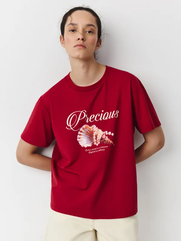 Әйелдер футболкасы, өлшемі L, вискоза/мақта/спандекс, қызыл, Інжу-маржаны бар қабыршақ, Evita, image-1