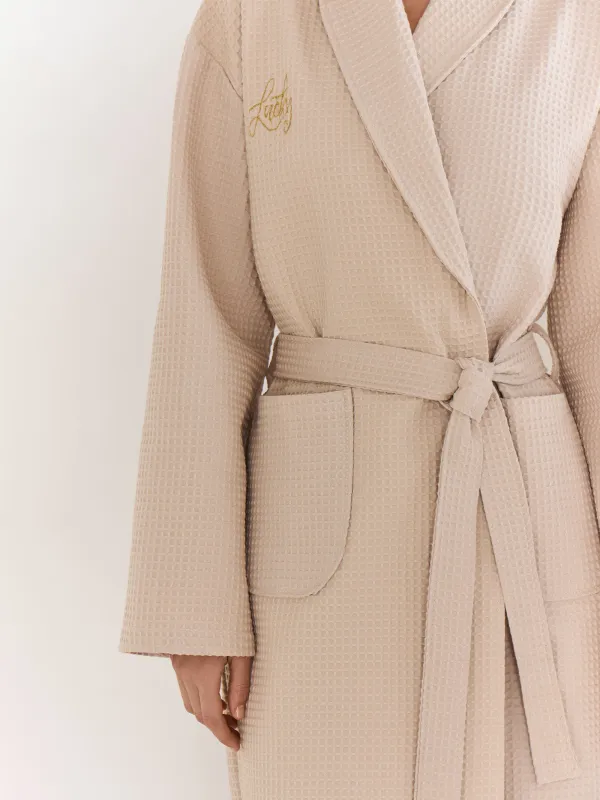 Әйелдер халаты, үйге арналған, өлшемі S, ұзын жеңді, вафельді, мақта, сүт түстес, Lucky, Stefani, image-3