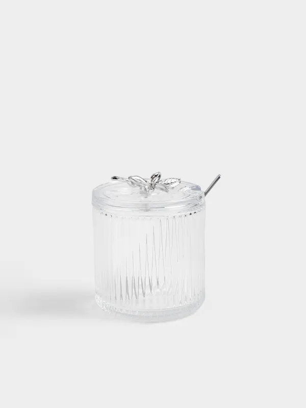 Қант ыдысы, 9,5х12 см, 400 мл, қасығы бар, шыны/металл, Күміс гүлдер, Ribby silver, image-0